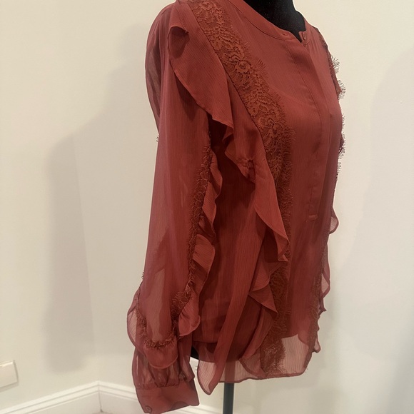 Vera Wang Rust Lace Ruffle Sheer Blouse | Size - Picture 3 of 5